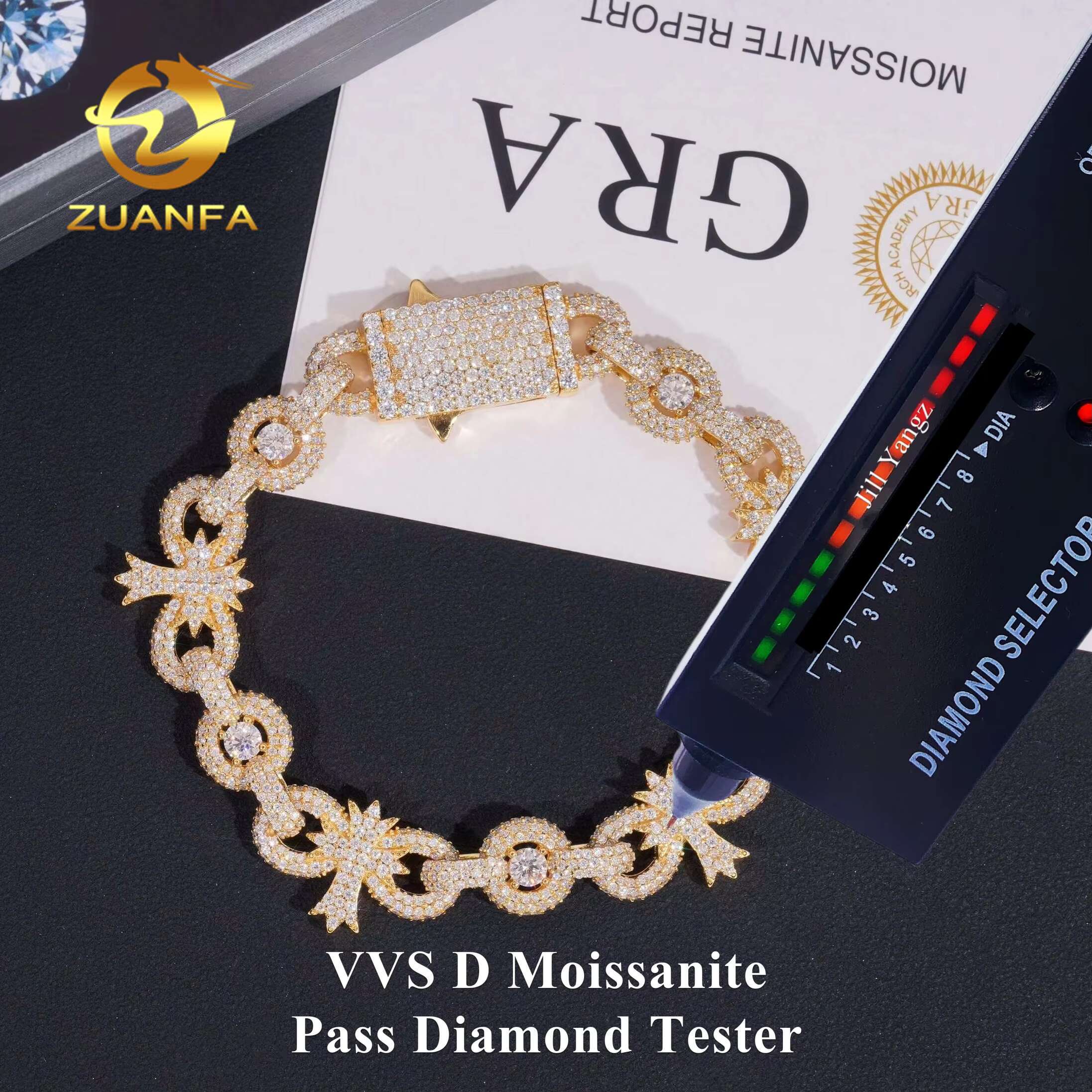 Zuanfa Jewelry Big Stones Moissanite Cross Bracelet 10mm Infinity Cuban Link Chain Moissanite Cuban Link Bracelet Cuban Chain