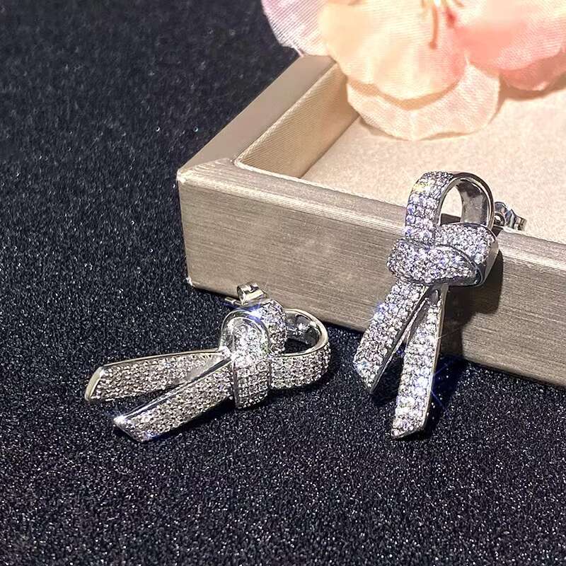 Trendy Bow Design Full Paved Simulate Moissanite Earrings for Wedding Engagement Silver Plated CZ Stud Earrings Women