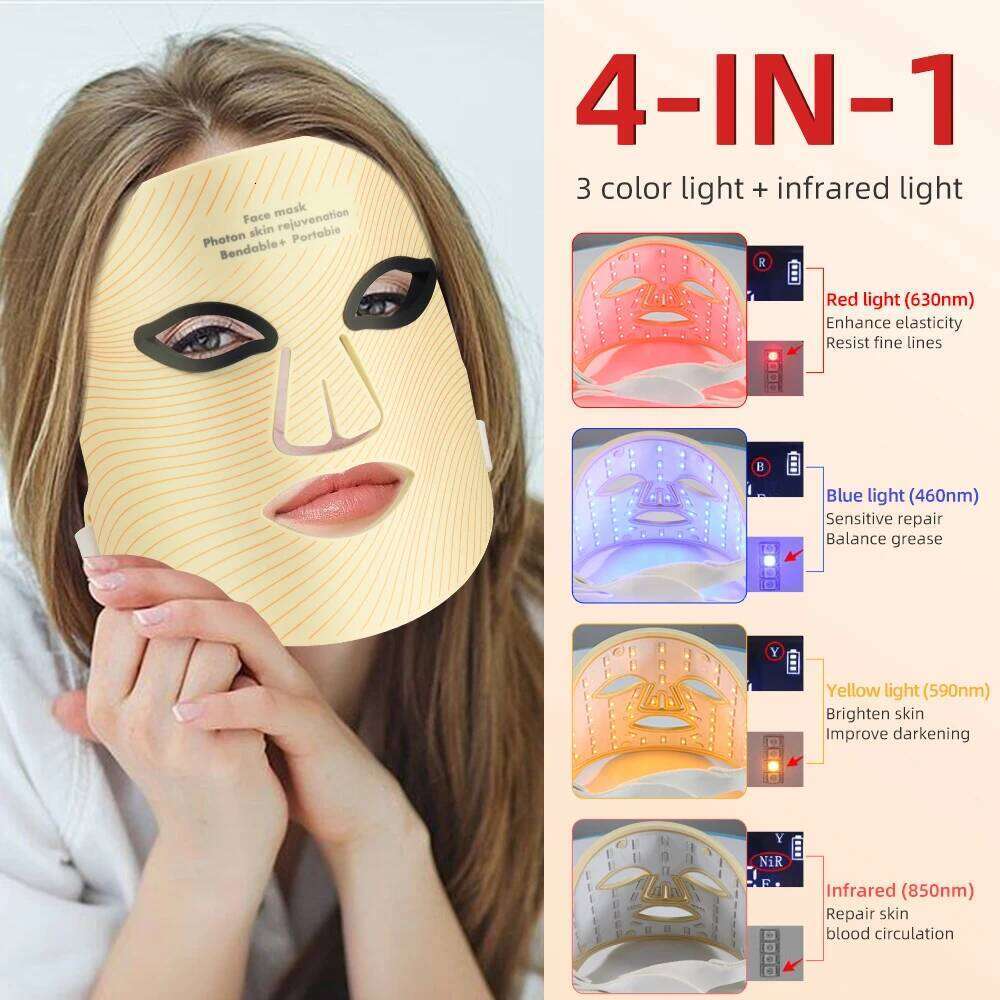 LED 4 Color Therapy Face With Near-Infrared Red Light For Anti-Aging Skincare Mask At Home And Travel