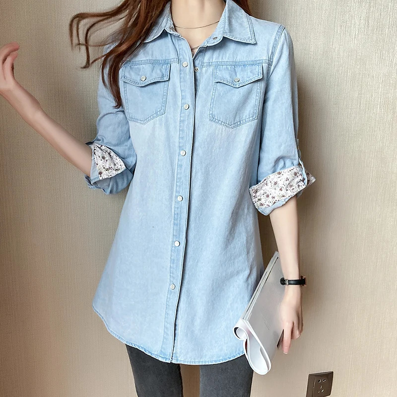 Womens Loose Denim Shirt with Long Sleeves Spring and Autumn Thin Top Mid To Length Jacket Outer 11968 250704