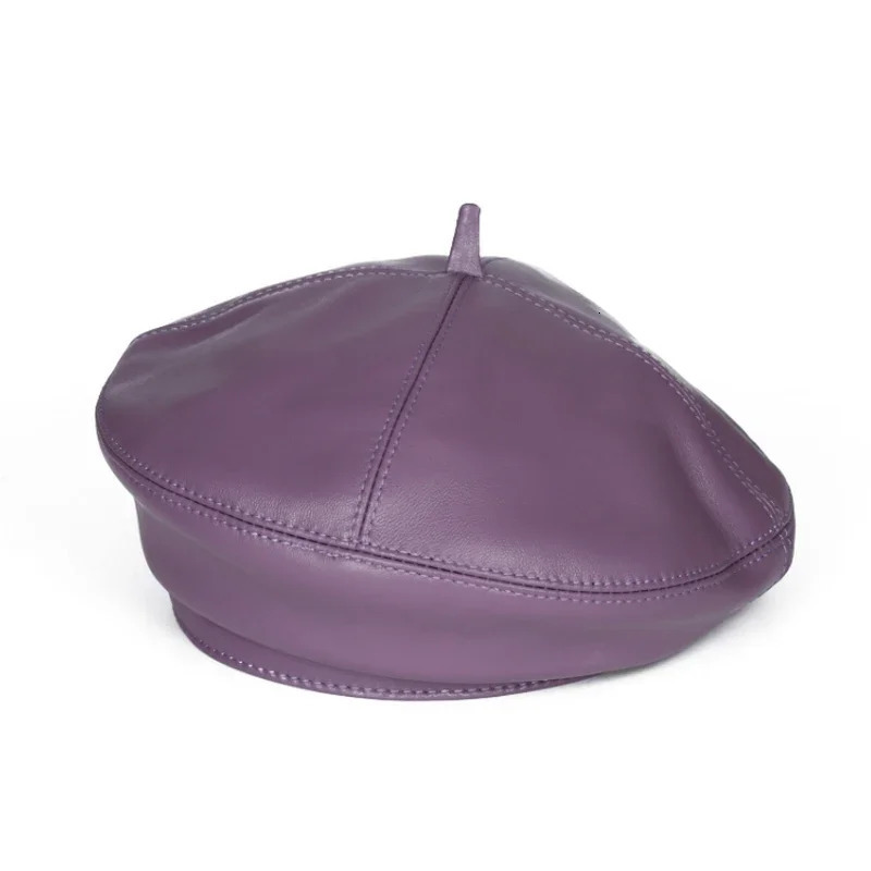 Spring/Winter 100% Real Leather Beret Hat Women Fashion European Pumpkin Painter Caps Female Rainbow Color Purple/Blue Thin Boin 250712