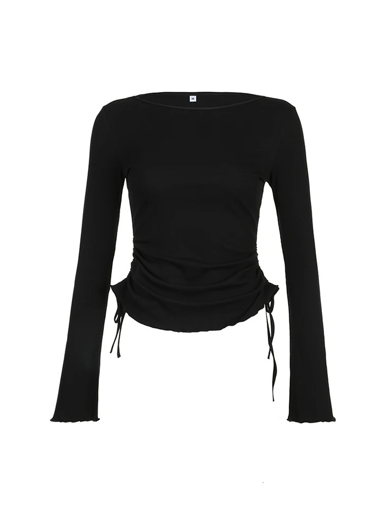 Black Solid Ribbed O Neck Slim Long Sleeve Basic Long Sleeve T Shirt Women Side Shirring Lace-Up Chic Fashion Elegant Simple Tee 250707