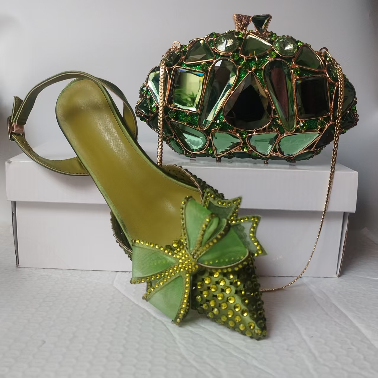 INSIGHTLINK Lady Green Gems Bridal Shoes and Bags Set Women High Heel Rhinestone Shoes Women heeled sandals and Bow Clutch Bags