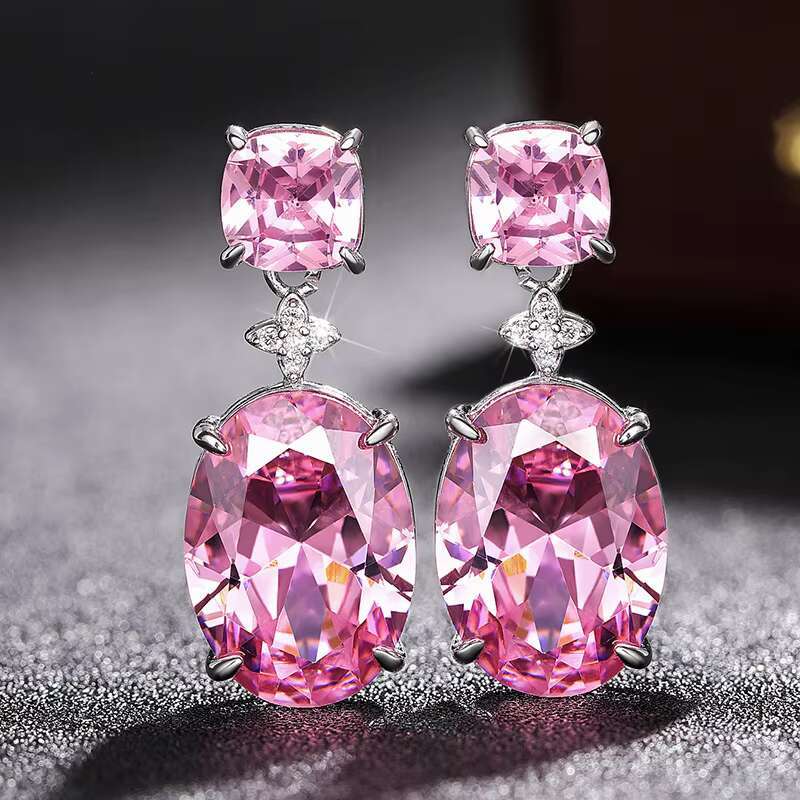 New Pink Inlaid Zircon Earrings Womens Fashion Small Cross Link Exquisite Fashion Medium to Long Swinging Jewelry