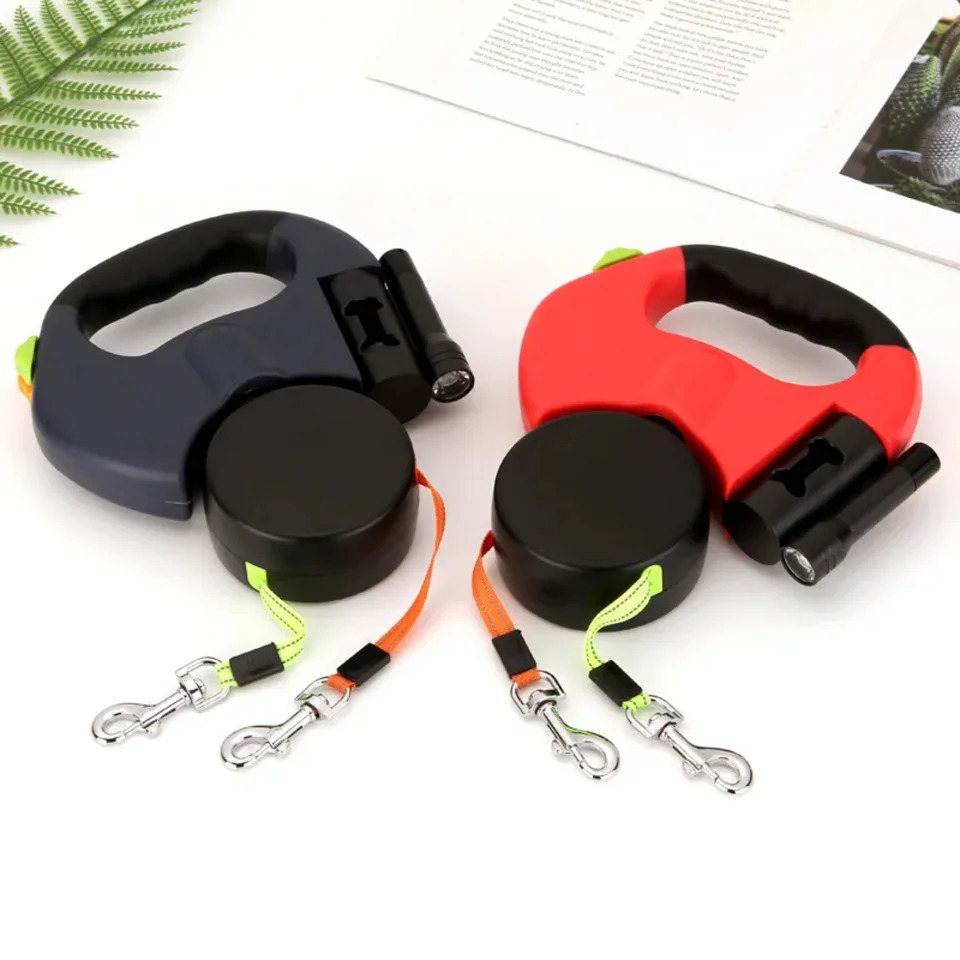 Double Retractable Dog Leashes 3m with Flashlight Poop Bag | Telescopic Nylon Extending Lead for Walking | Service Dog Tractio 250709