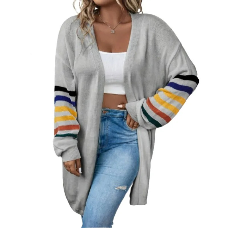 Plus Size Womens Fashionable Sleeve Striped Print Comfortable Elastic Hem Long Cardigan 250710