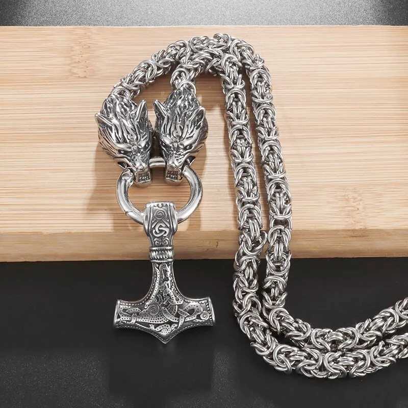igh Quality Vintage Nordic Necklace Doub Wolf Thors Hammer Pendant Necklace Men Stainss Steel Jewelry Gift W250712