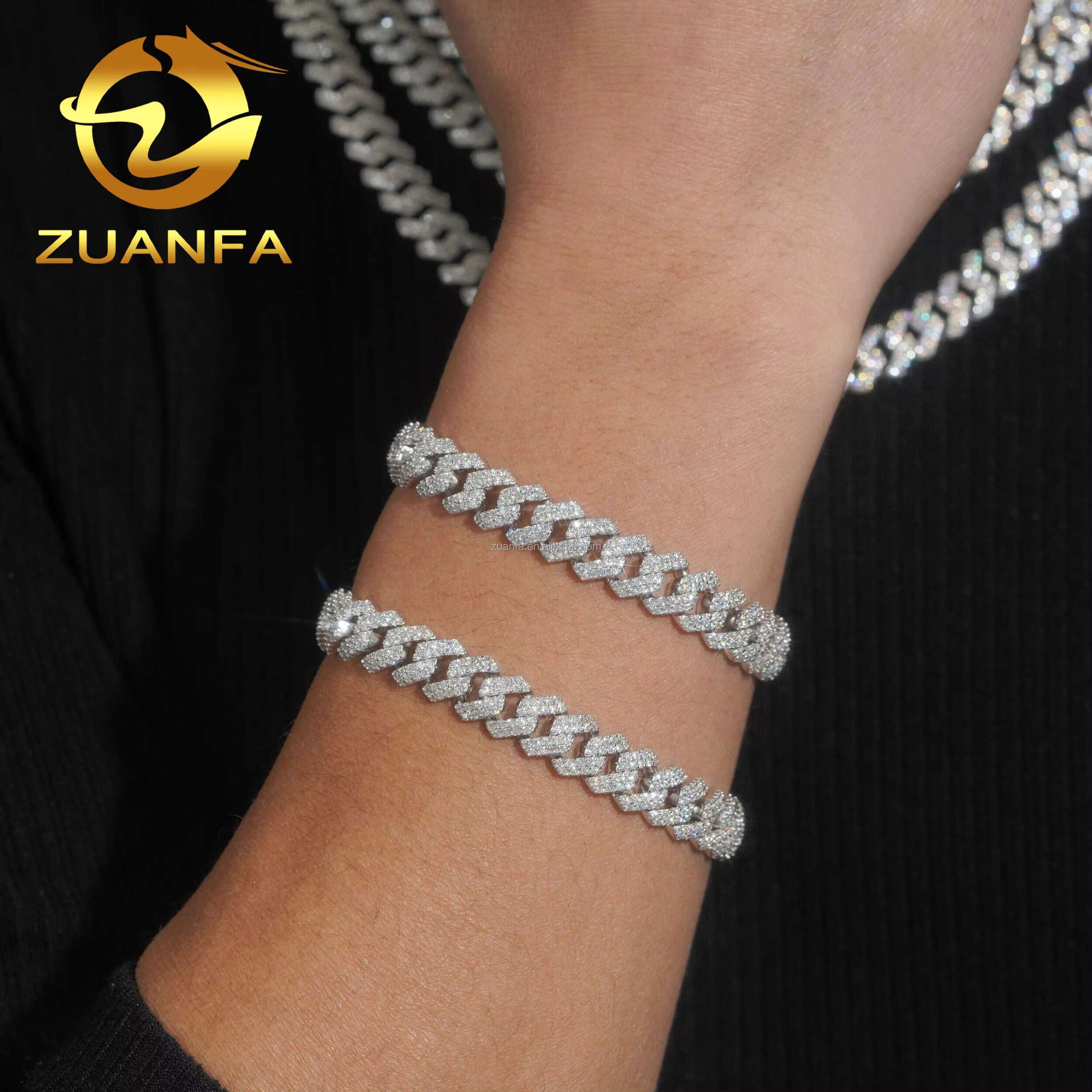 Ship in USA Warehouse Stock 10mm 2Rows 925 Solid Silver Hip Hop Iced Out VVS1 Moissanite Diamond Miami Cuban Chain Bracelet