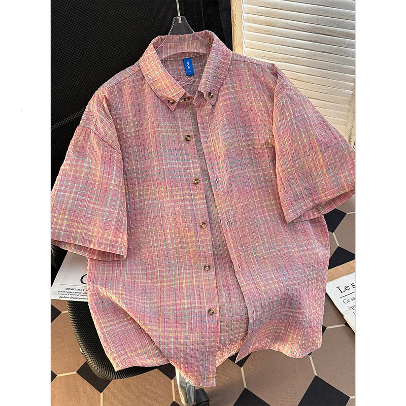 Short Sleeve Shirt Men Japanese Retro Summer Casual Loose Solid Plaid Coats Versatile Seersucker Ice Silk Tops 250707