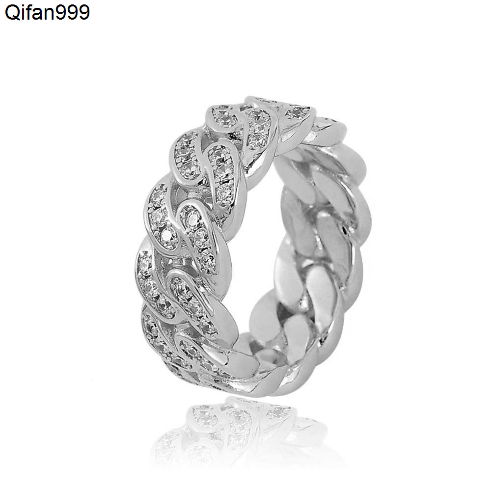 NUOYA Mens White Gold Plated 925 Sterling Silver Hip Hop Iced Out Moissanite Cuban Link Ring for Wedding and Party Fine Jewelry