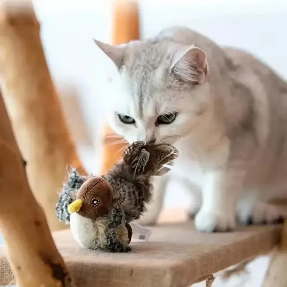 Interactive cat toy squeaking sound simulation bird plush cat pet teasing toy with feathers cat chirping bird toy 250708