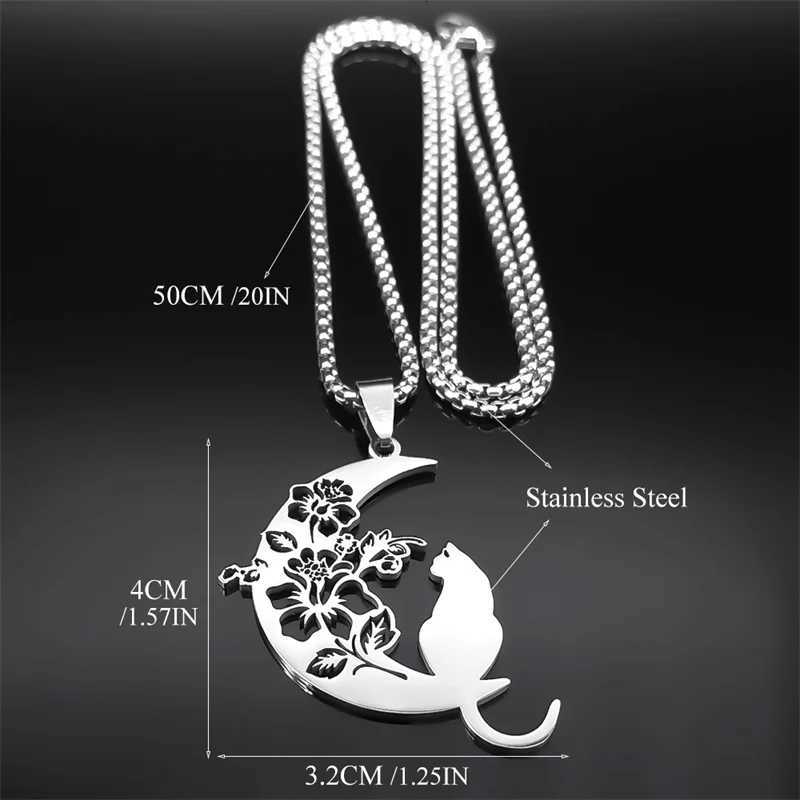 3220 Aesthetic Cat Flower Moon Crescent Necklace for Women Men Stainless Steel Silver Color Bohemian Chain Gift Jewelry Necklace W250712
