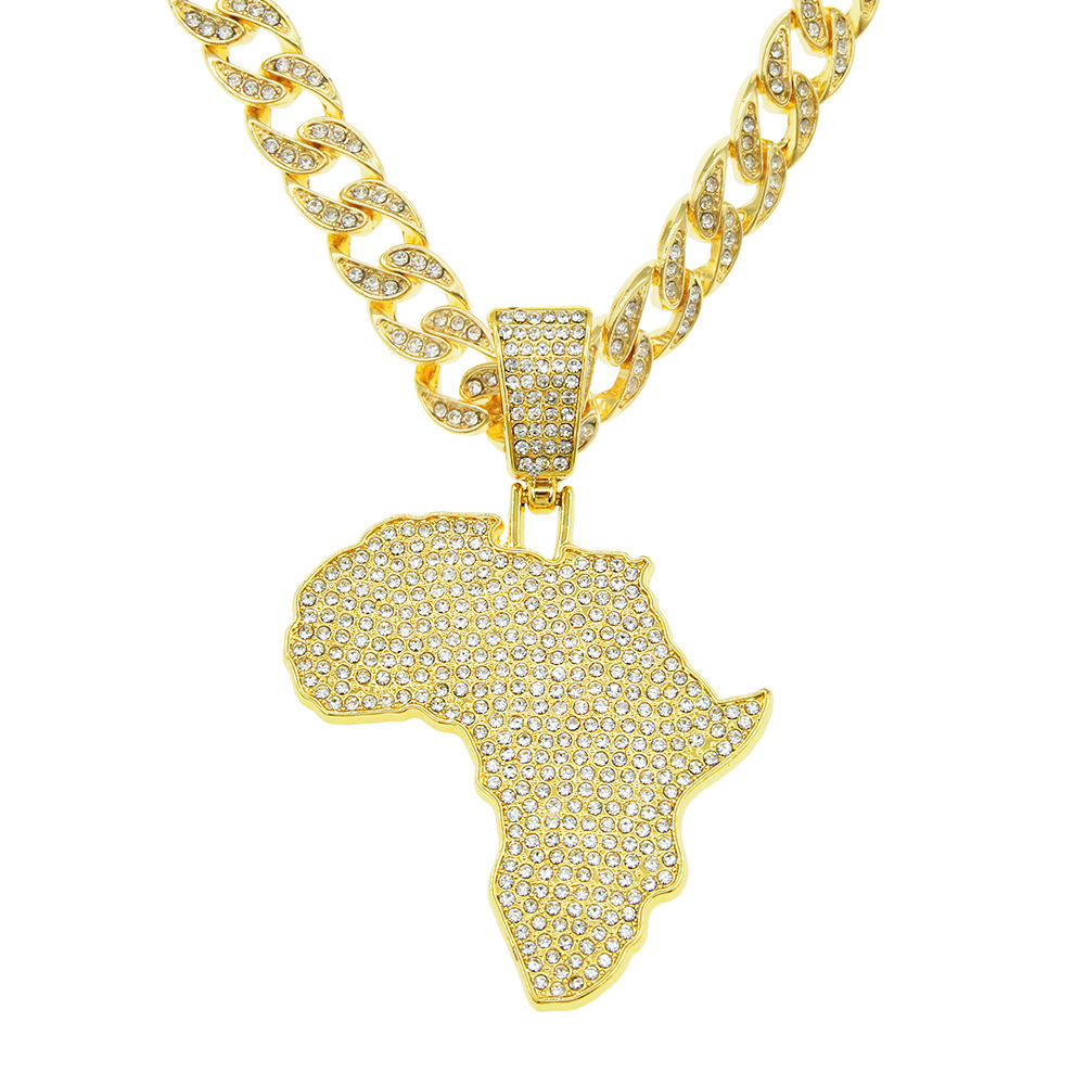 Luxury Jewelry Designer Jewelry Personalized Full Diamond Map Pendant Chain Necklace European And American Hip Hop Trendy Cool Choker Collarbone Chain