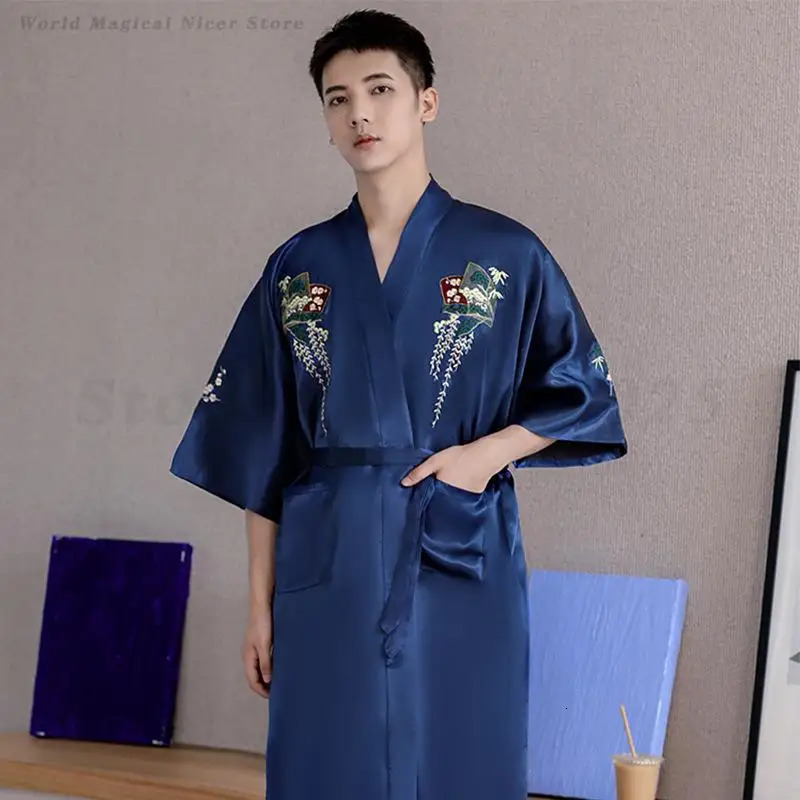 Mens Kimono Bathrobe Spring Summer Satin Sleepwear Loose Comfortable Male Nightwear Home Clothes Mid Length Casual Robe Pajama 250710
