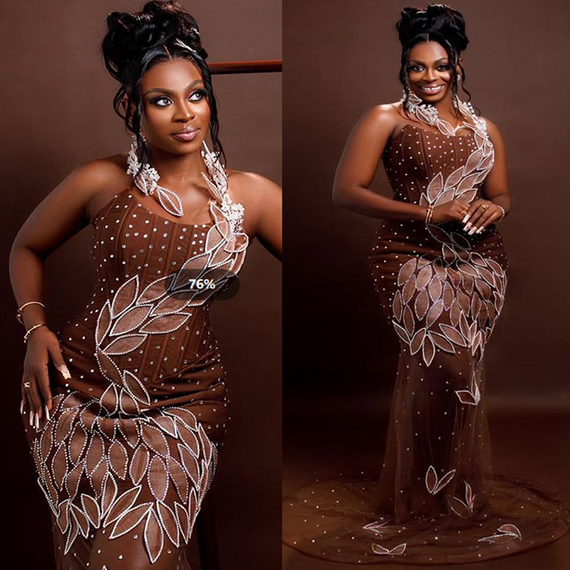 2025 Brown Aso Ebi Prom Dress African Mermaid Prom Dresses Evening Formal Gowns Halter Flora Beaded Rhinestones Birthday Dress Second Reception Gown A