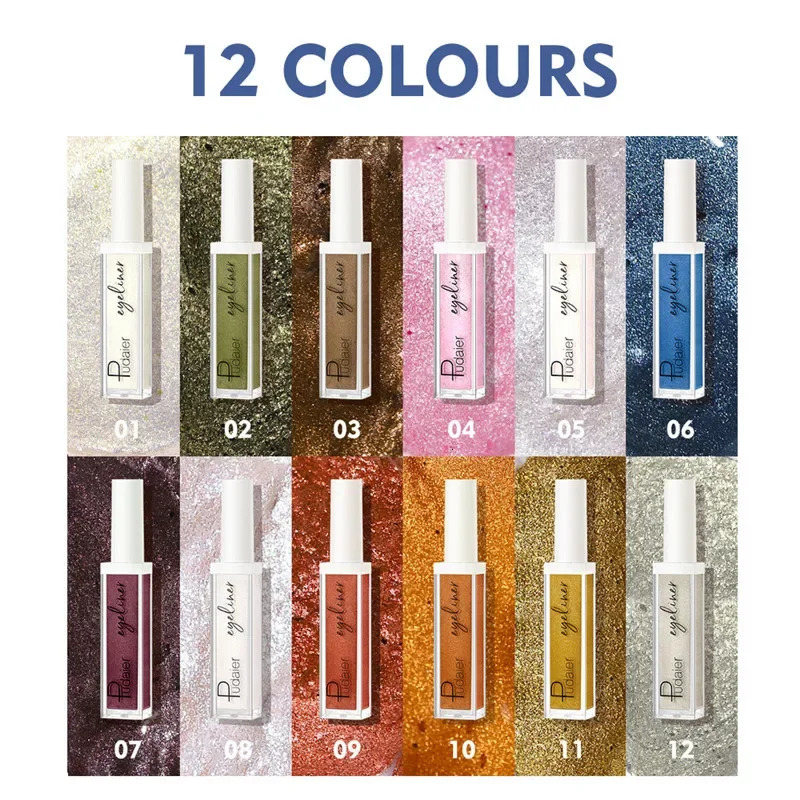 12 Colors Waterproof Metallic Liquid Eyeliner Long-lasting Green Gold Blue Sweatproof Quick-drying Eyeliner Pencil Eyes Makeup 250704