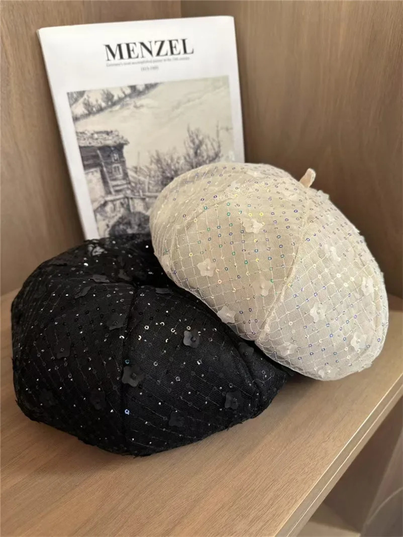 03-2508325 ins chic sequin mesh lace flower fashion sweet lady beret hat women Leisure painter cap 250712