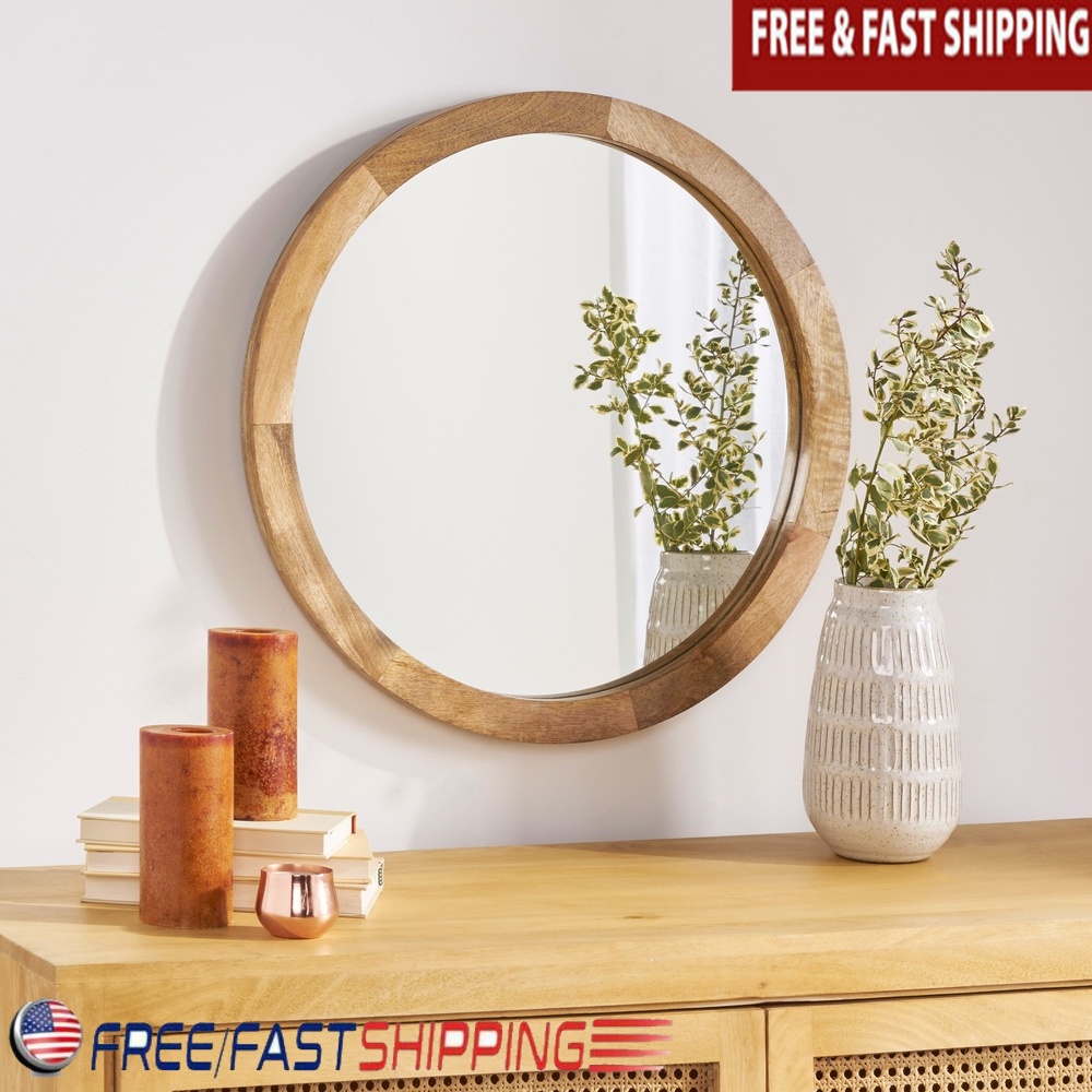 Modern Round Mirror Mango Wood Frame Handcrafted Wall Accent Circular Reflective Surface No Assembly Required Durable Home Decor