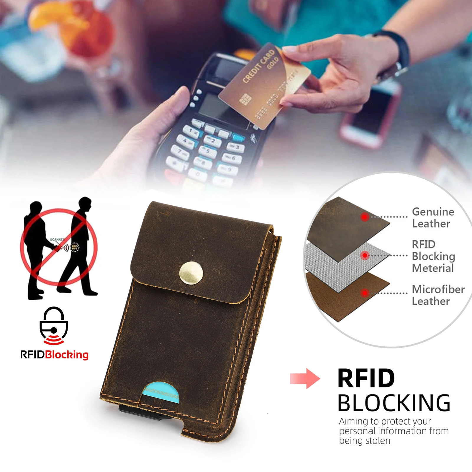 Hiram Vintage Genuine Leather RFID Blocking Card Holder Wallet for Men Card Wallet Case Aluminum Metal Slim Cardholder 250708