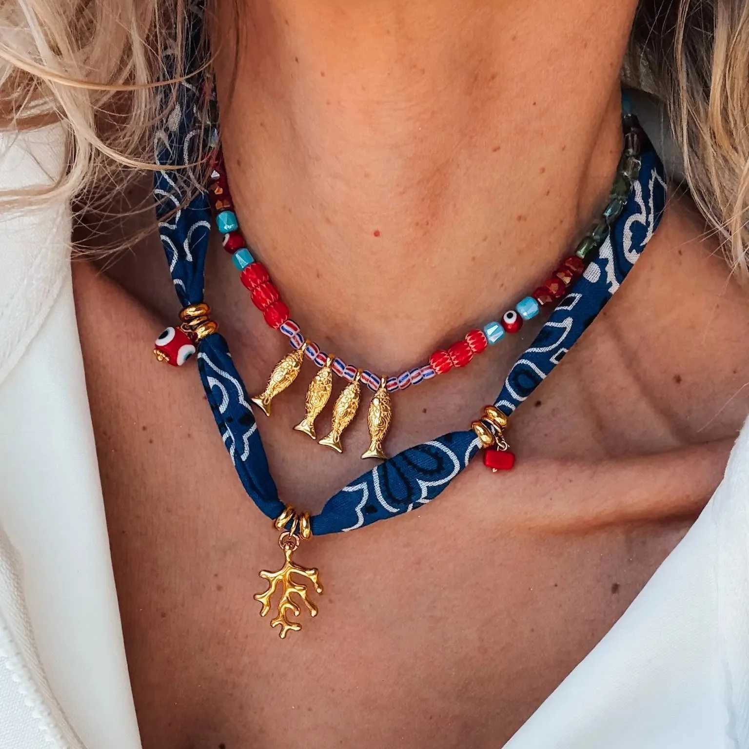 18K Gold Plated Fish Coral Stainless Steel Pendant Necklace Bohian Dark Blue Bandana Summer Beach Jewelry Gift for Her W250712
