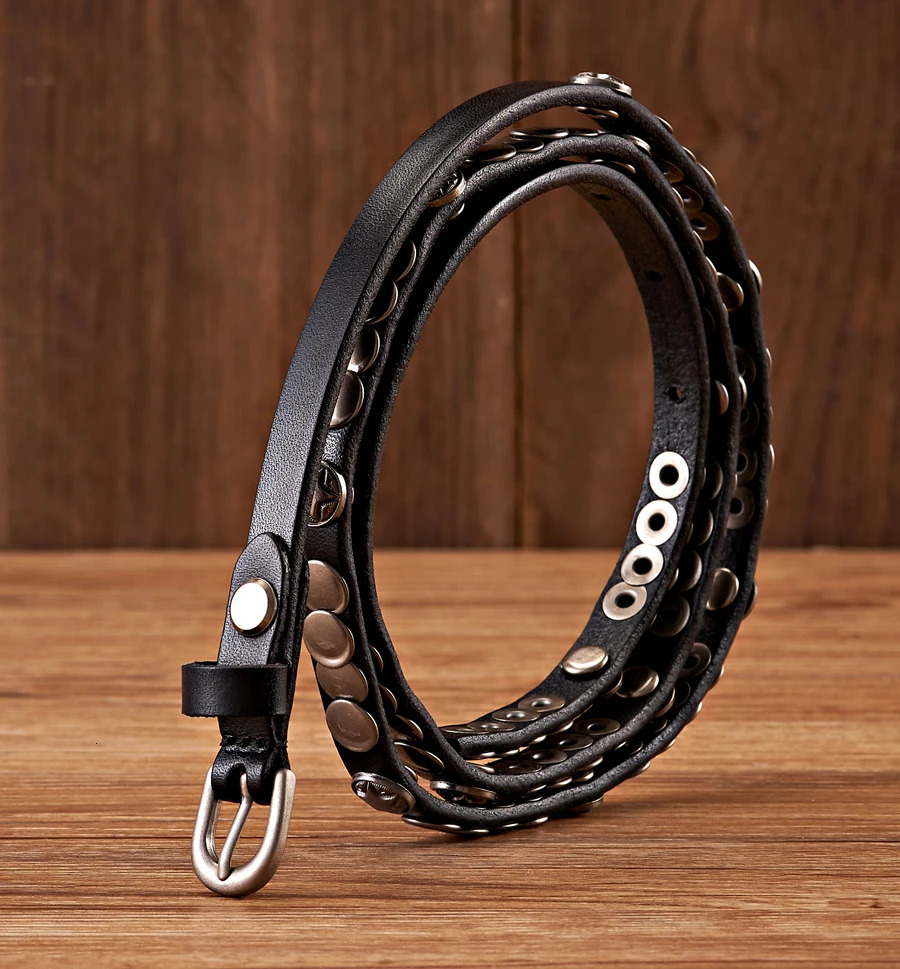 1CM Female Belt Skirt Dress Rivet Belt Real Genuine Leather Punck Decoration Thin Strap Women Belts For Jeans 250711