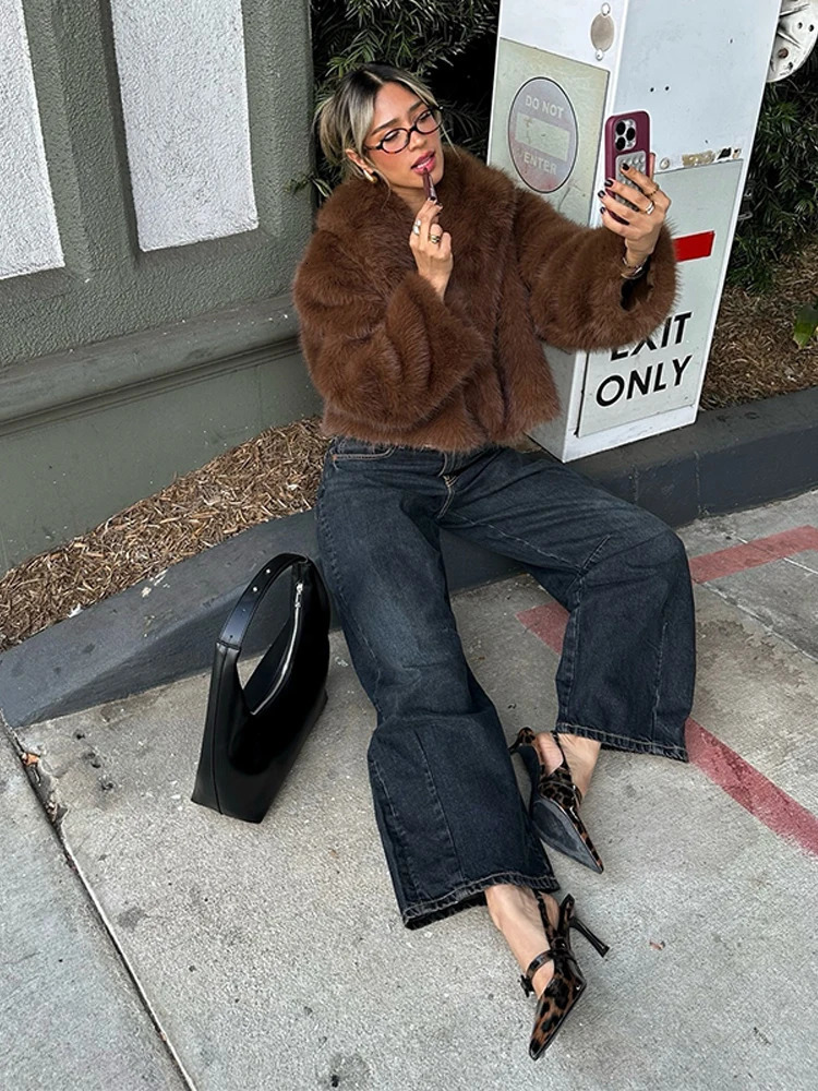Coffee Faux Fur Short Coat Women Fluffy Lapel Long Sleeve Warm Thick Loose Jacket Fashion Winter Lady High Street Outwear 250708