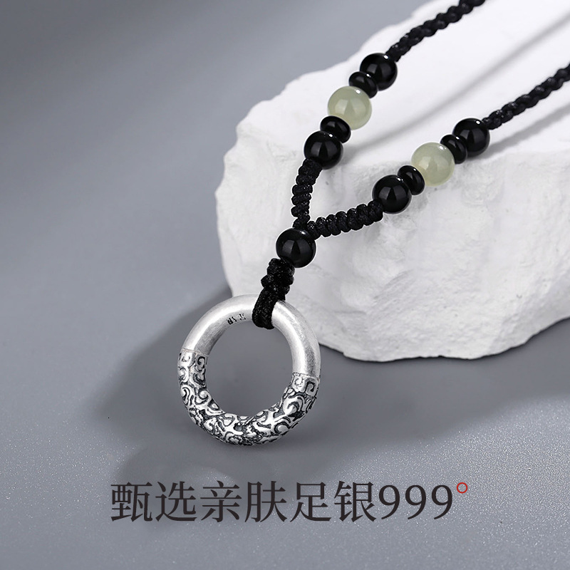 Luxury Jewelry Designer Jewelry Tiqia Real Shot Xiangyun Peace Buckle Necklace For Men, Pure Silver 999, Retro National Trend, Black Agate Beaded Brai