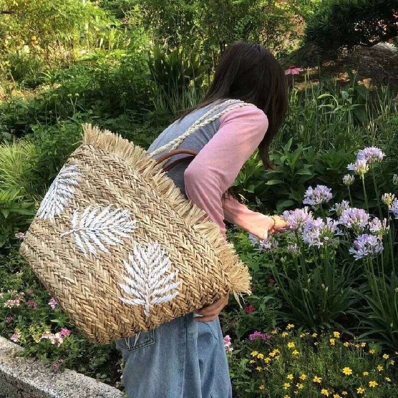 Summer Stripe Tote Straw Women's New Beach Seaside Outdoor Travel Vacation Large Capacity Shoulder Bag Portable Basket