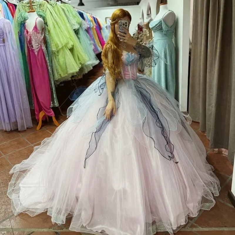 Light Pink Quinceanera Dresses Off the Shoulder Party Birhtday Tull Long tail Vestido 15 De Anos Sweet 16 Dress