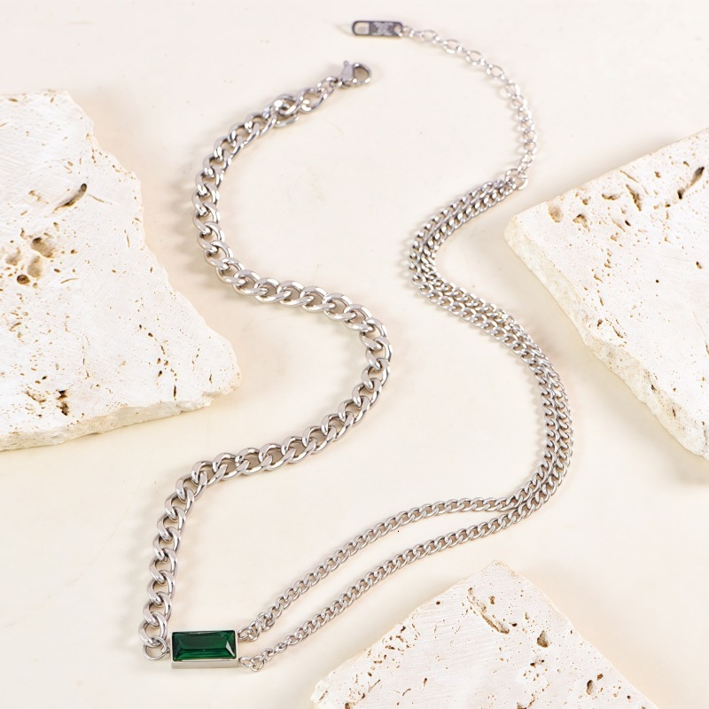 Luxury Jewelry Designer Jewelry Korean Fashion High-end Square Emerald Zircon Double Layer Necklace Simple Chain Double Chain Clavicle Chain
