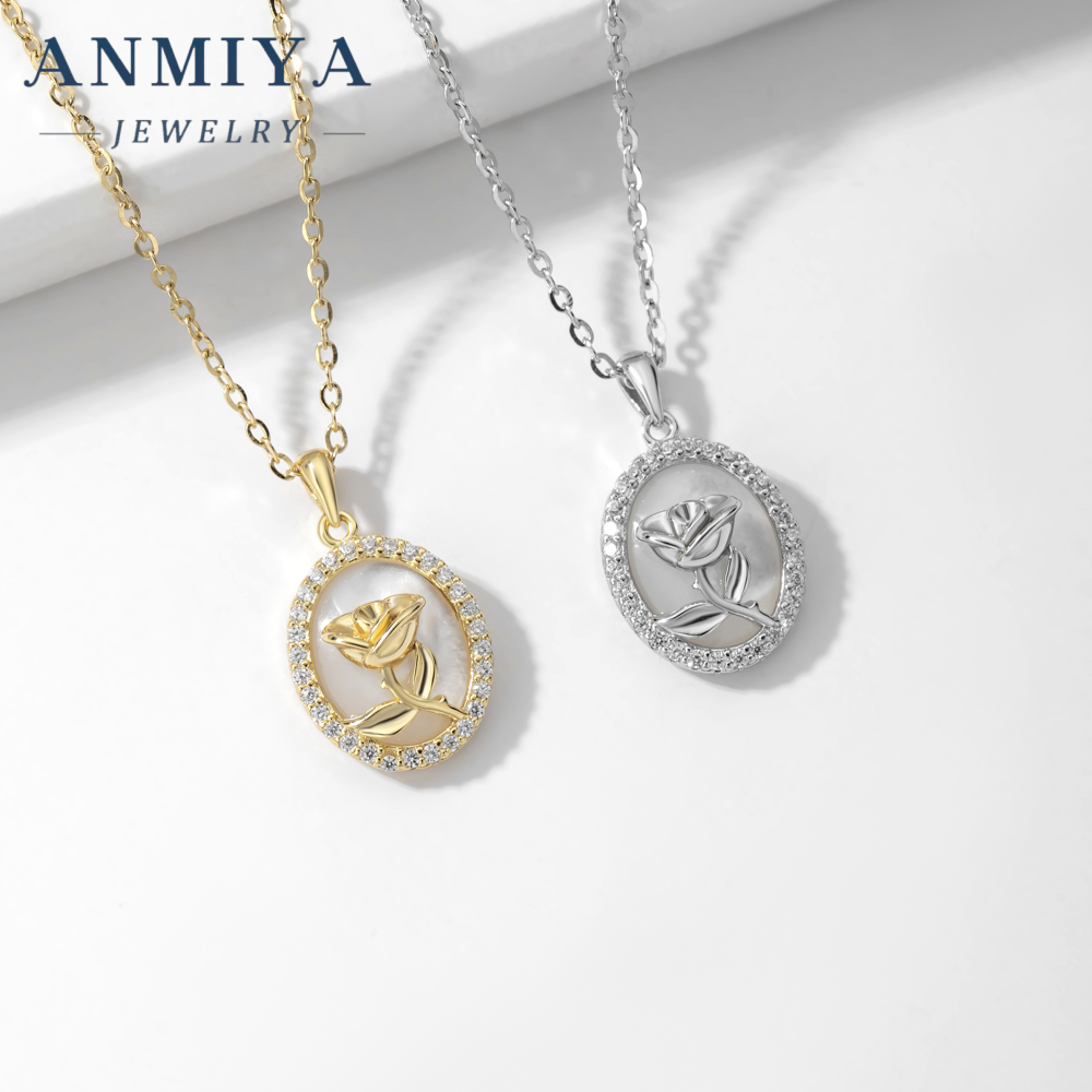 Vintage Rose Round Shape Zircon Necklace 925 Sterling Silver Link Chain Fashionable Flower Pattern Necklace for Girls