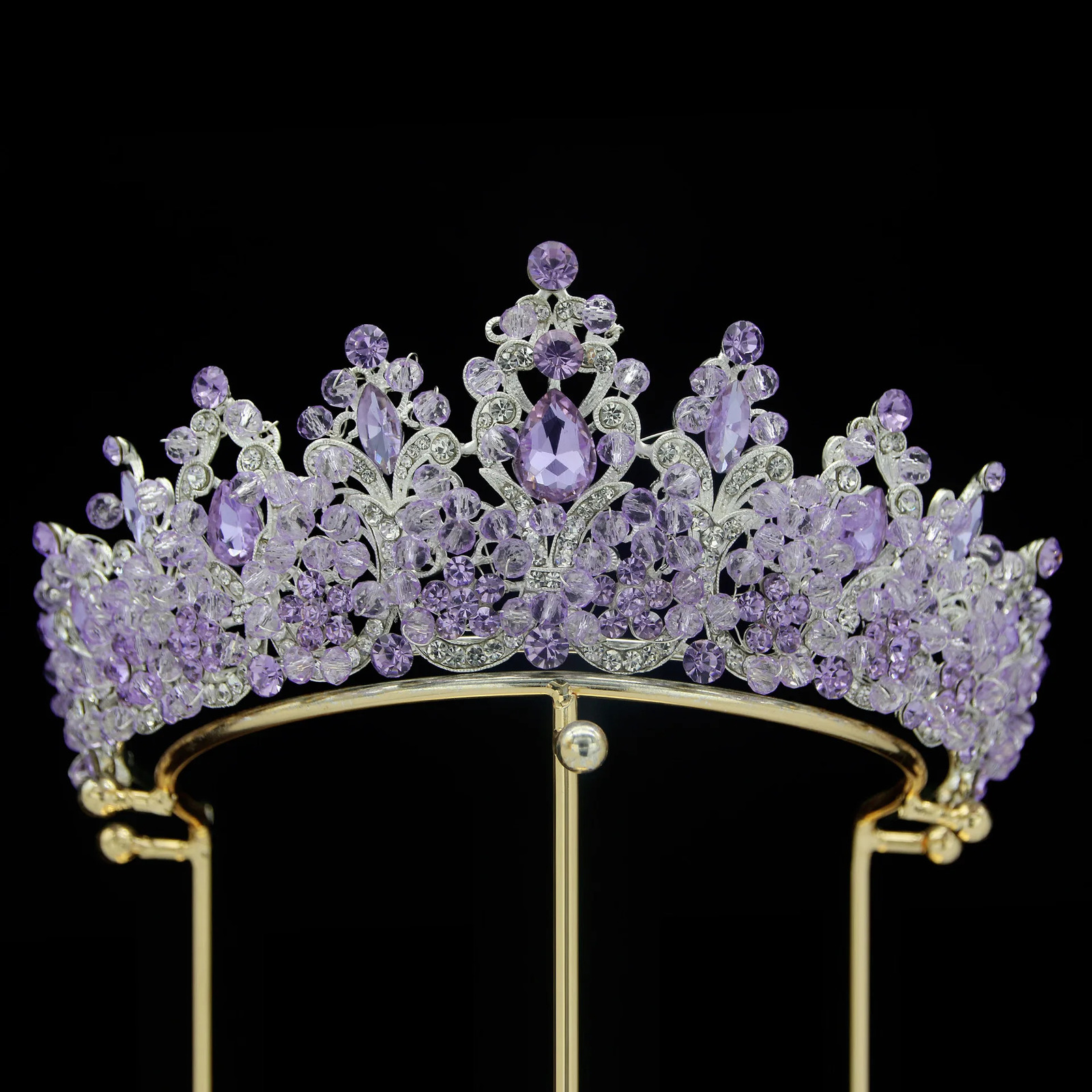 Royal Purple Crystal Beads Queen Bridal Tiaras Crown Rhinestone Pageant Diadem Wedding Hair Ornaments 250711