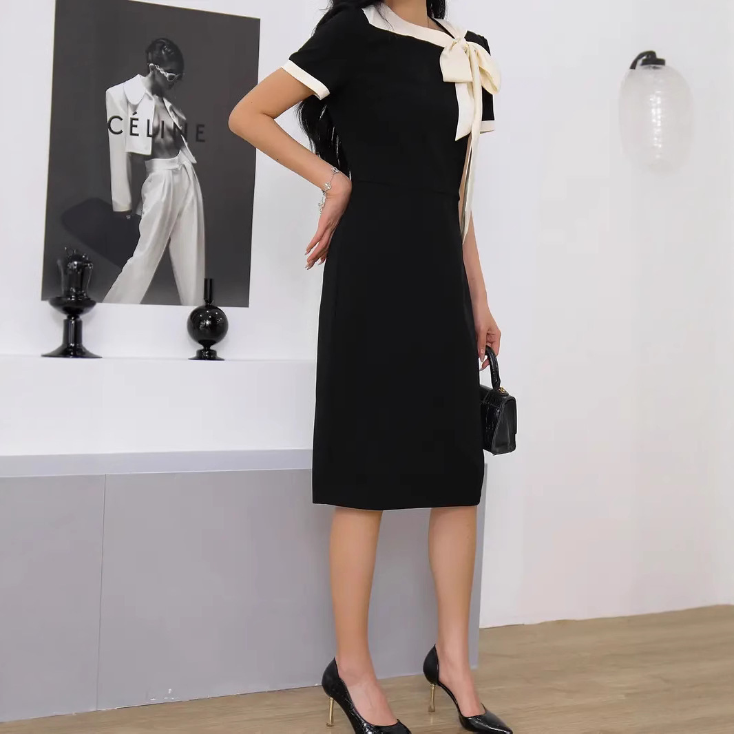 2025 Summer New Women's Skirt New Round Neck Bow Color Block Slimming Dress Splicing Fashion Party Dress New Luxury Designer Women's Skirt