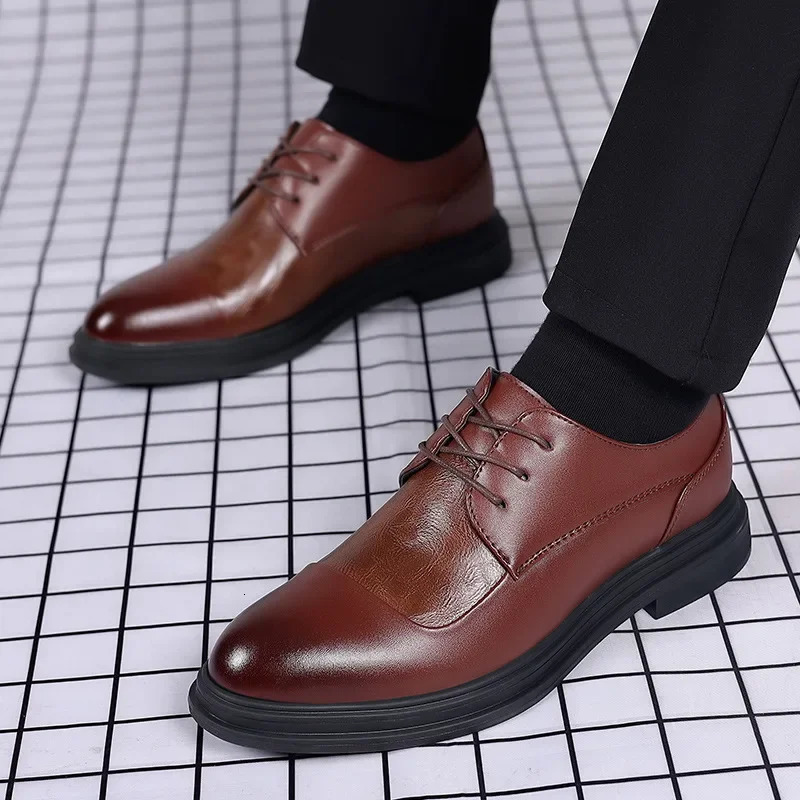 Black Leather Shoes for Men Wed Dress Shoe Lace Up Casual Business Oxfords Point Toe Office Formal Shoes for Male 250712