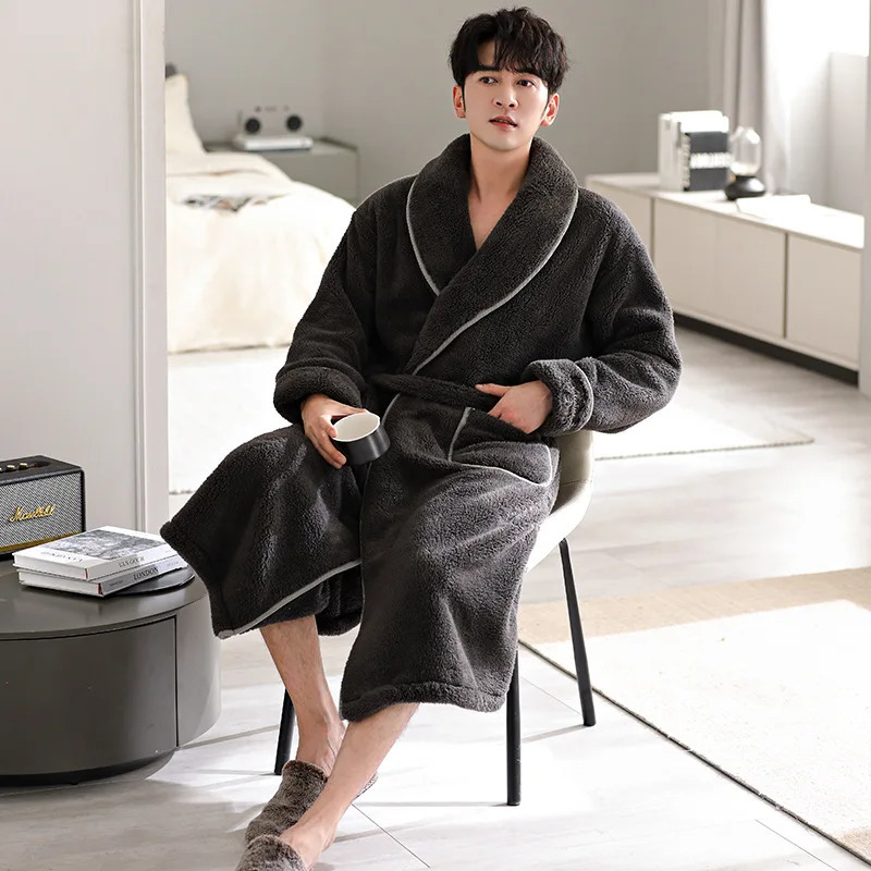 Coral Velvet Nightgown Fall Winter Long Over-the-knee Bathrobe Plus Size Flannel and Pile Couple Nightgown Cosy Both Men Women 250710