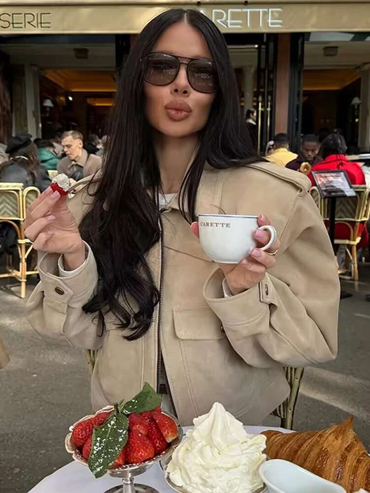 2025 Autumn Long Sleeve Bomber Jacket For Women Elegant Lapel Zipper Short Coats Office Lady Chic Street Casual Cropped Outwear