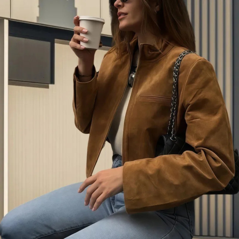 Brown velvet texture leather jacket with stand-up collar long sleeves flight suit coat for autumn motorcycle outwear. 250708
