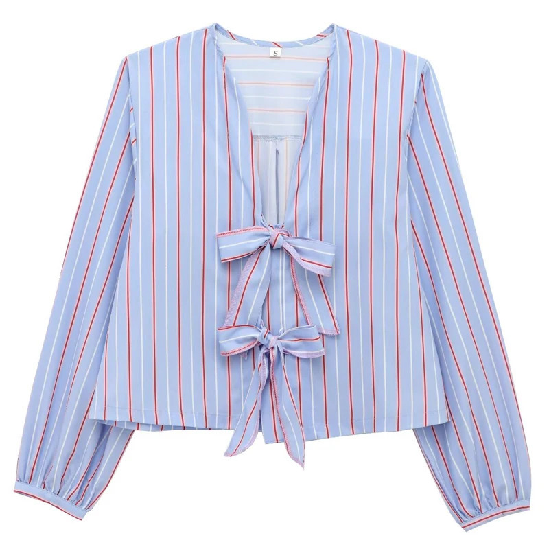 TRAF Striped Shirts Blouses Womens Shirt Spring Cropped Oversized Long Sleeve T-Shirt Elegant Bow Lace-Up Tops For Woman 250708