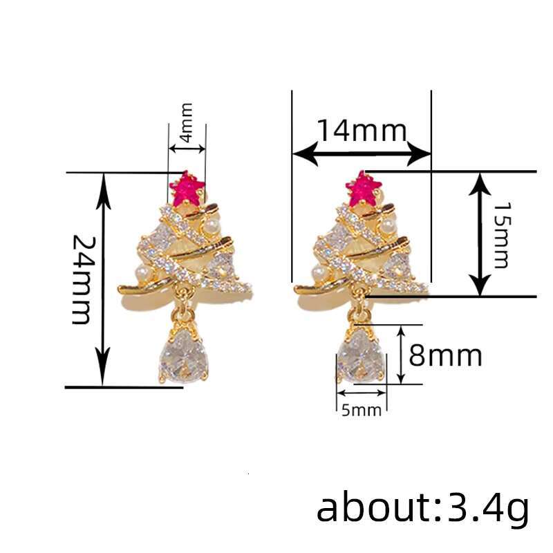 Exquisite Christmas Tree Design Red/Green Cubic Zirconia Pearl Earring for Women Trend Party Gold Plated CZ Stud Earrings