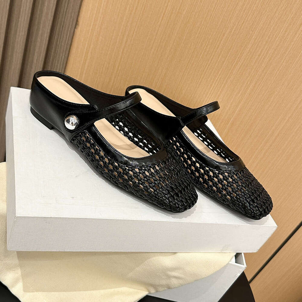 796-19 Square Toe Woven Hollow Breathable Hidden Heel Backless Single for Women Spring Summer One Strap Casual Flat Shoes