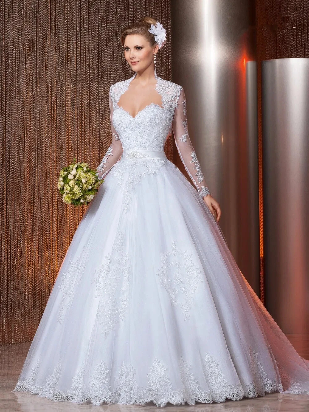 Vintage White A-Line Wedding Dresses With Jacket Lace Appliques Long Sleeves Bridal Gown court Train Vestidos De Novia Back Buttons