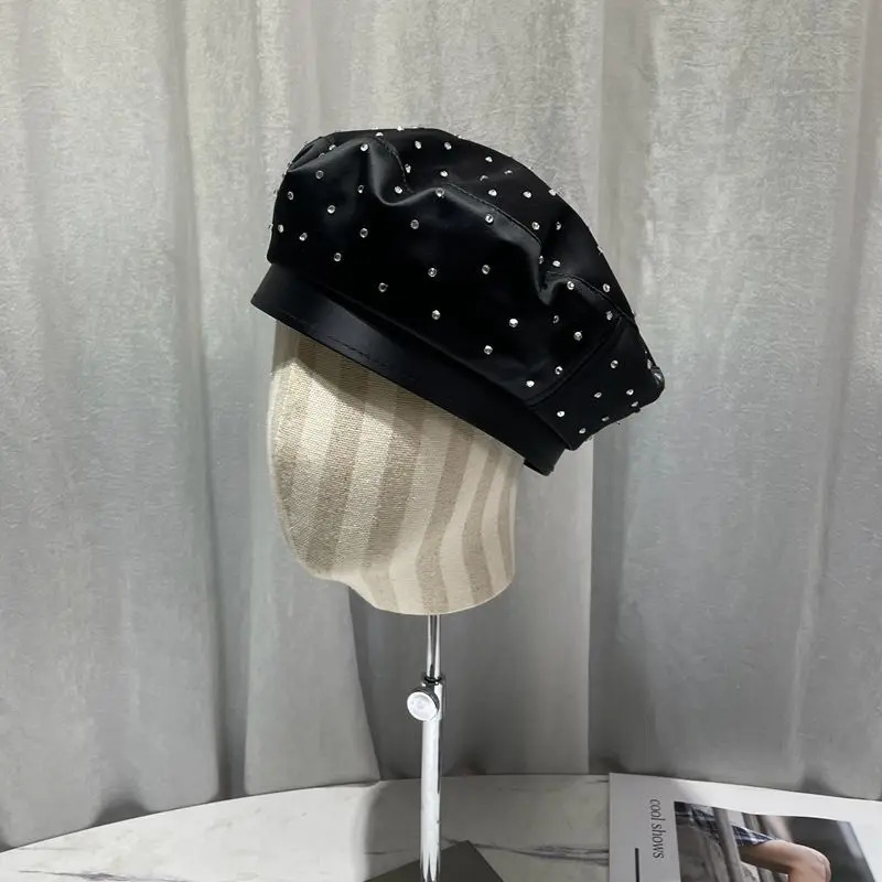 Satin Rhinestone Beret Cap Womens Fashion Black Painter Hat Spring and Autumn Octagonal Hats sboy Gorras Casquette 250712