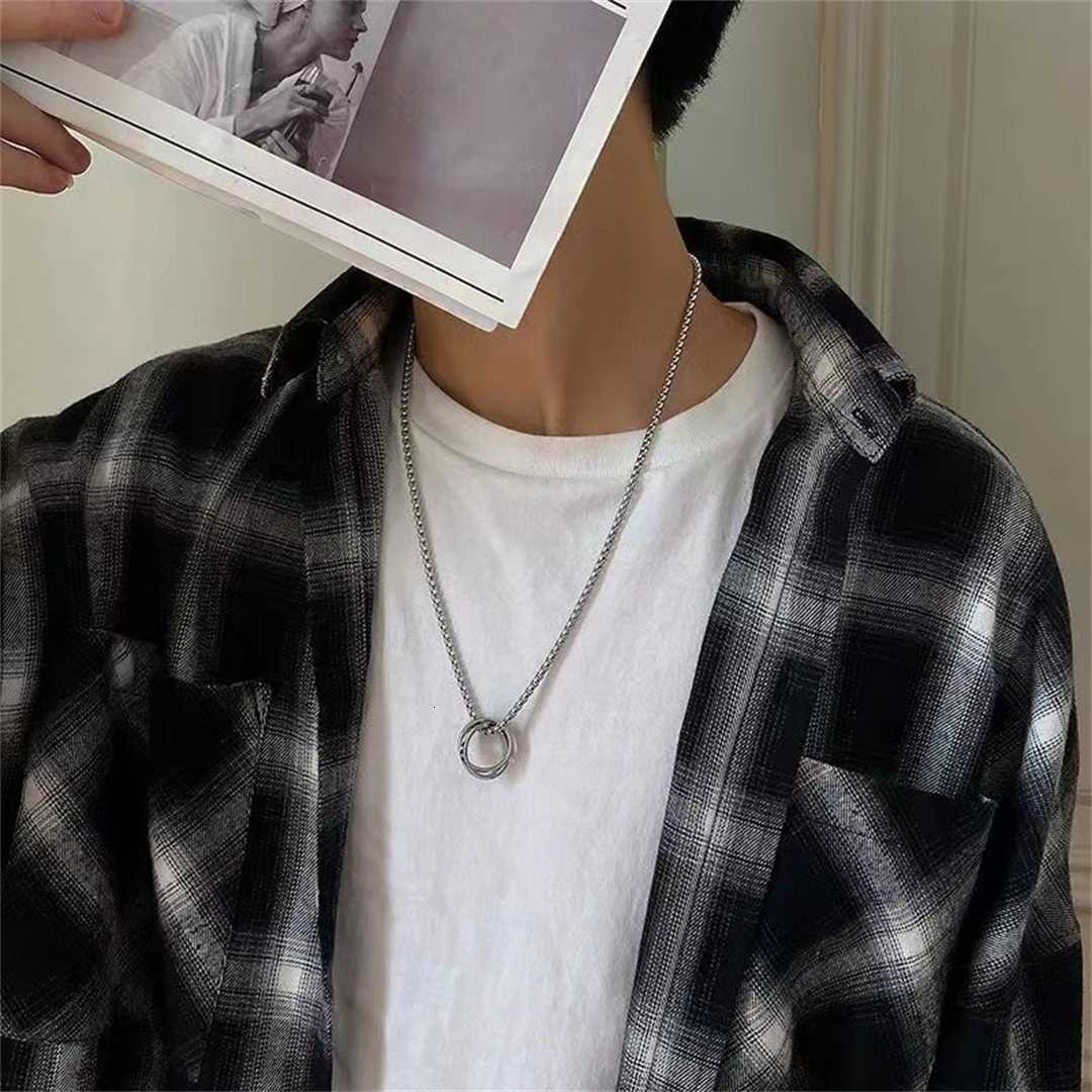 Mens Titanium Steel Necklace Fashion Double Ring Drip Oil Inlaid Zircon Sweater Chain Necklace Stainless Steel Jewelry Gift W250712