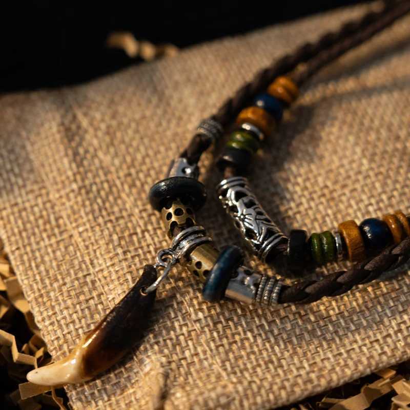 Fashion Mens Goth Multi-layer Vintage Wolf Tooth Pendant ather Beaded Weaved Prayer Necklace Fashion Jewelry Necklaces W250712