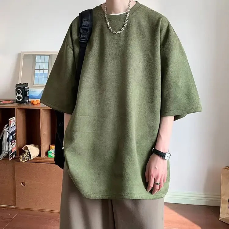 Heavyweight Suede Short Sleeve TShirt Mens Oversize Casual Loose Fit FiveQuarter Tee Summer Comfortable Male Apparel 250707