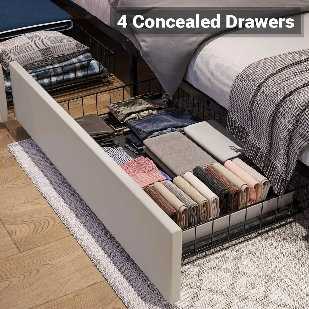 LED Queen Size Bed Frame with 4 Storage Drawers& Charging Station, Artificial Leather Upholstered Bed with Adjustable Headboard