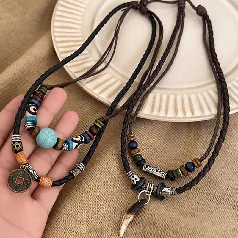 Fashion Mens Goth Multi-layer Vintage Wolf Tooth Pendant ather Beaded Weaved Prayer Necklace Fashion Jewelry Necklaces W250712