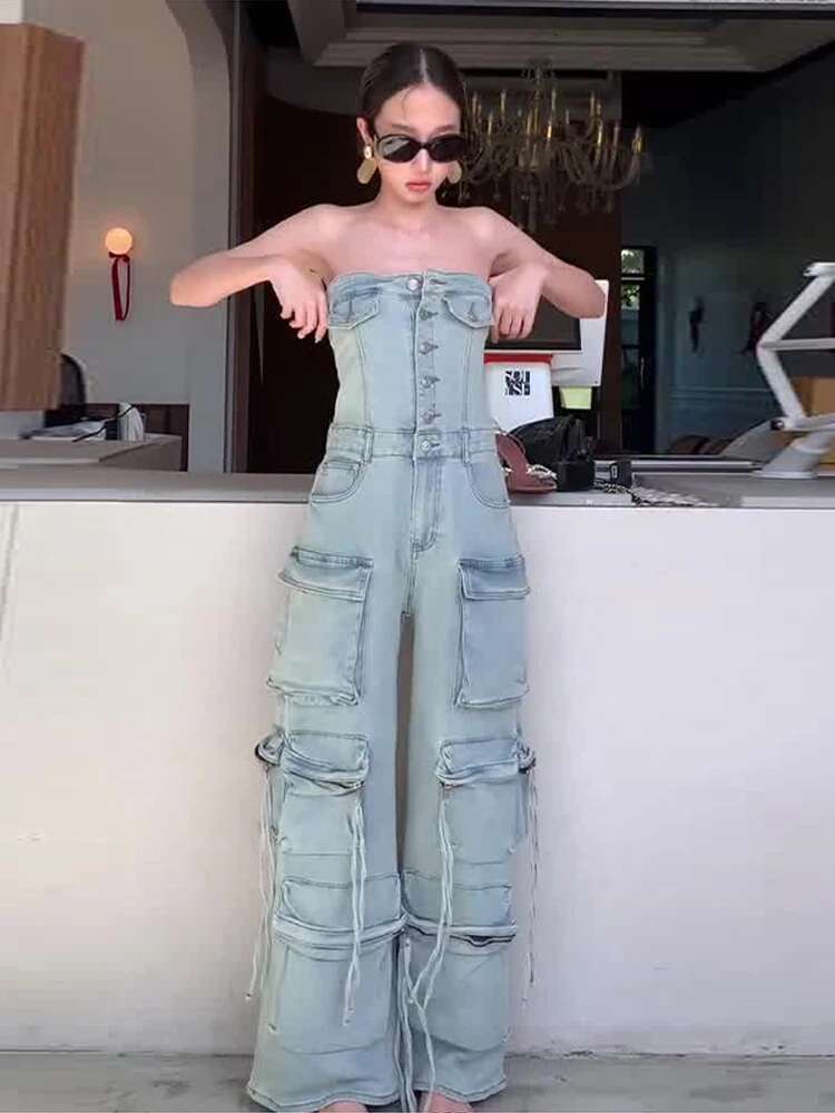 Strapless Backless Women Jumpsuit Denim Off Shoulder Lady Jumpsuits 2025 Sexy Fashion Pockets Buttons Wide Leg Female Romper