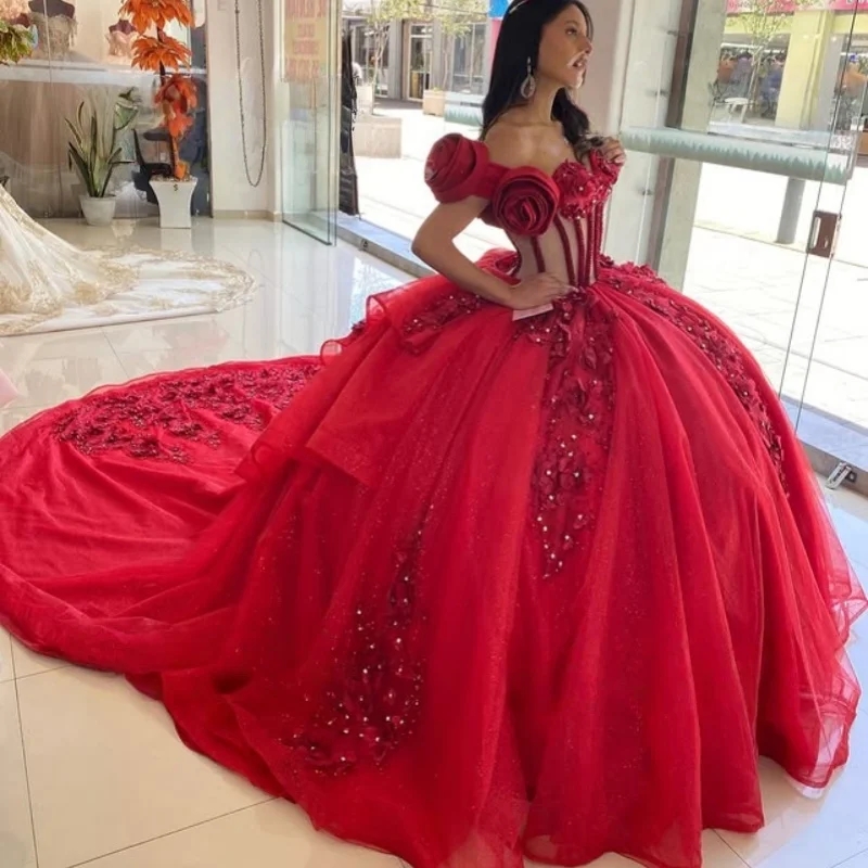 Red Shiny Quinceanera Dresses Off the Shoulder Applique 3D Flower Lace Beads layering Long tail Vestido 15 De Anos Sweet 16 Dress