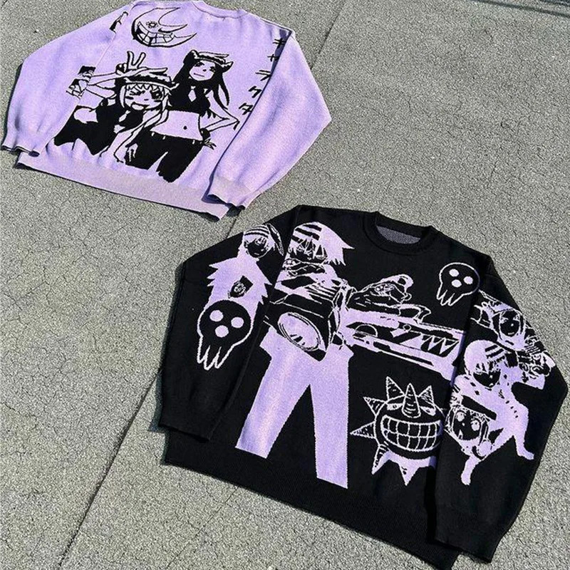 Harajuku fashion mens and womens couple fall and winter sweater Y2K retro 90s gothic fitted round neck tops clothing 250708